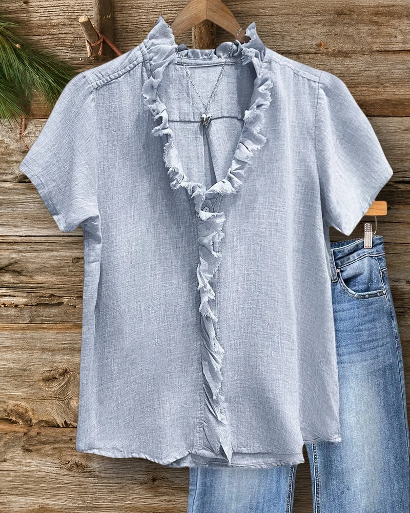 Plain Feminine V Neck Ruffles Trim Blouse