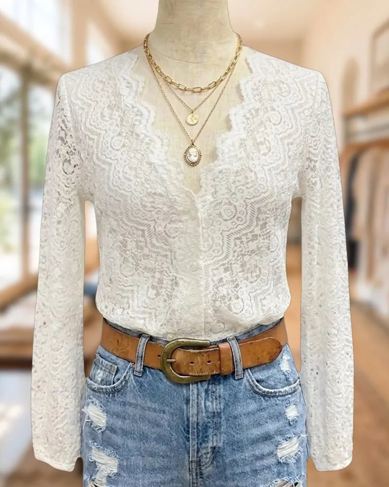 Scalloped V Neck Long Sleeve Button Front Lace Blouse
