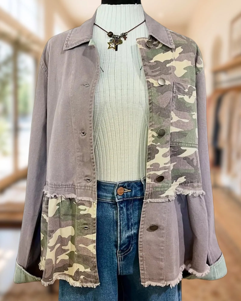 Camo Patchwork Frayed Trim Button Front Collared Casual Jacket