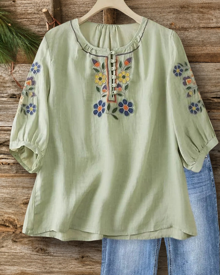 Embroidered Puff Sleeve Ruffled Neck Button Placket Blouse
