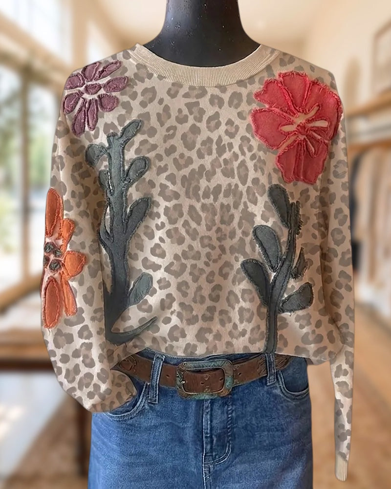 Leopard Print Floral Applique Long Sleeve Crew Neck Chic Sweatshirt