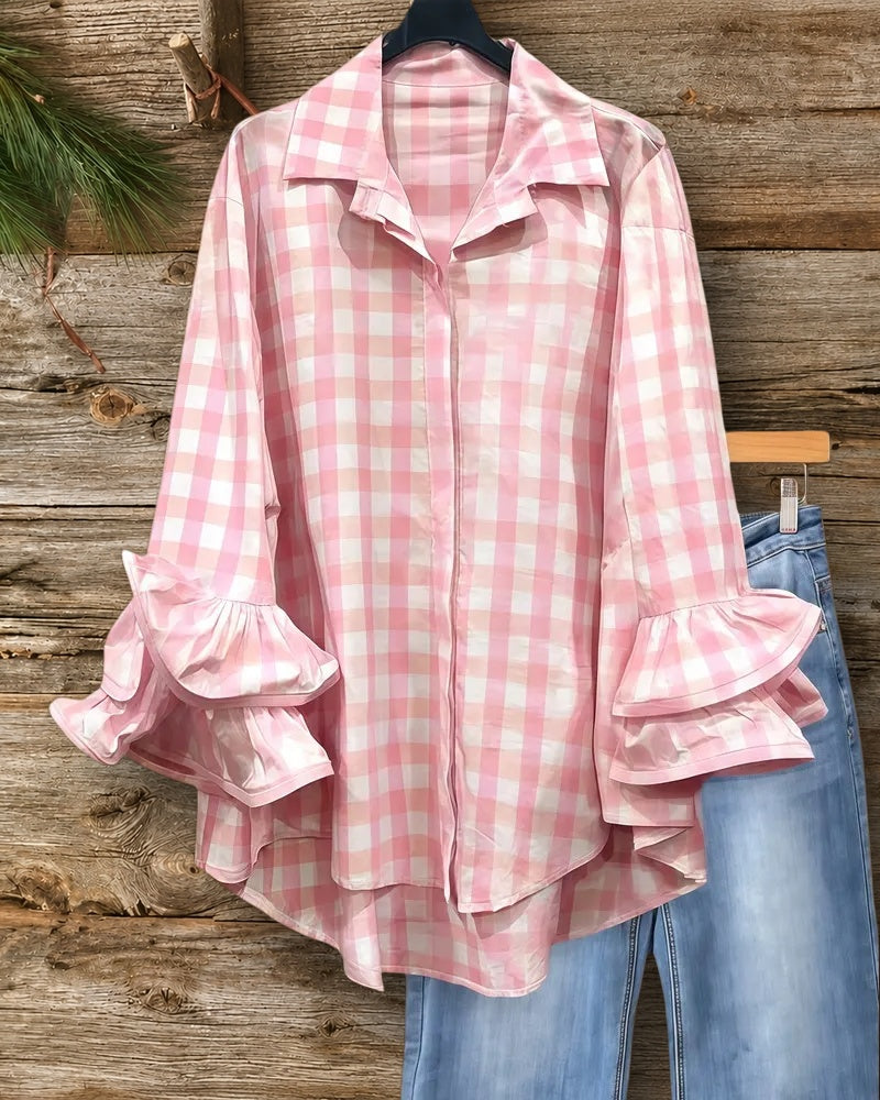 Checked Pretty Ruffle Sleeve Button Up Blouse