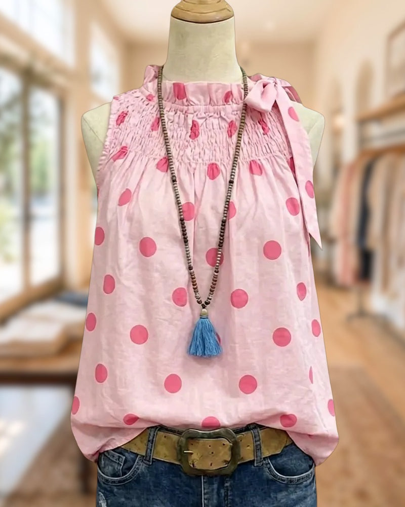 Polka Dot Smocked Ruffled High Neck Side Tie Sleeveless Blouse