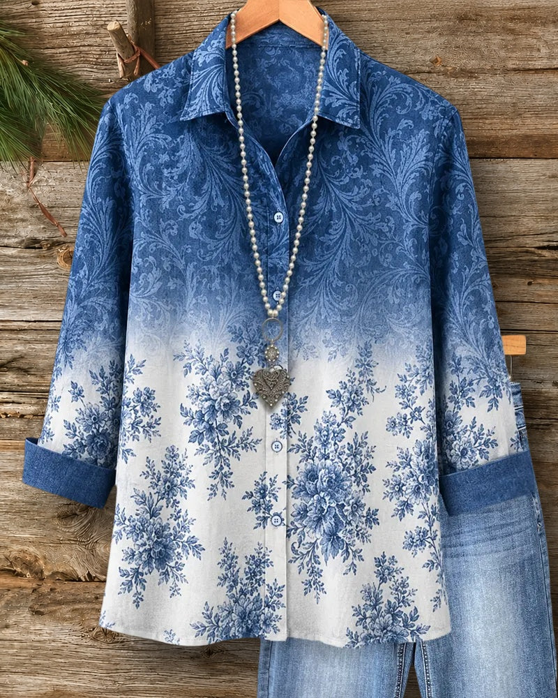 Floral Ombre Button Roll Cuff Shirt