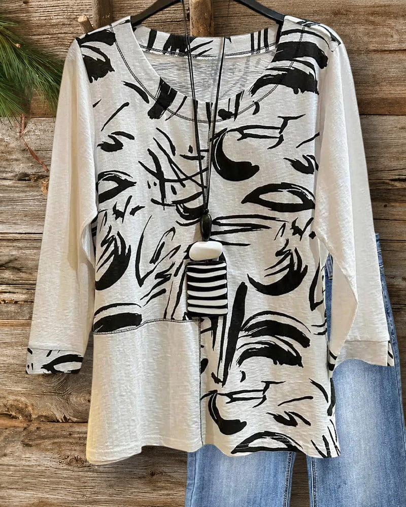 Graffiti Print Patchwork Round Neck Laid Back Shirt