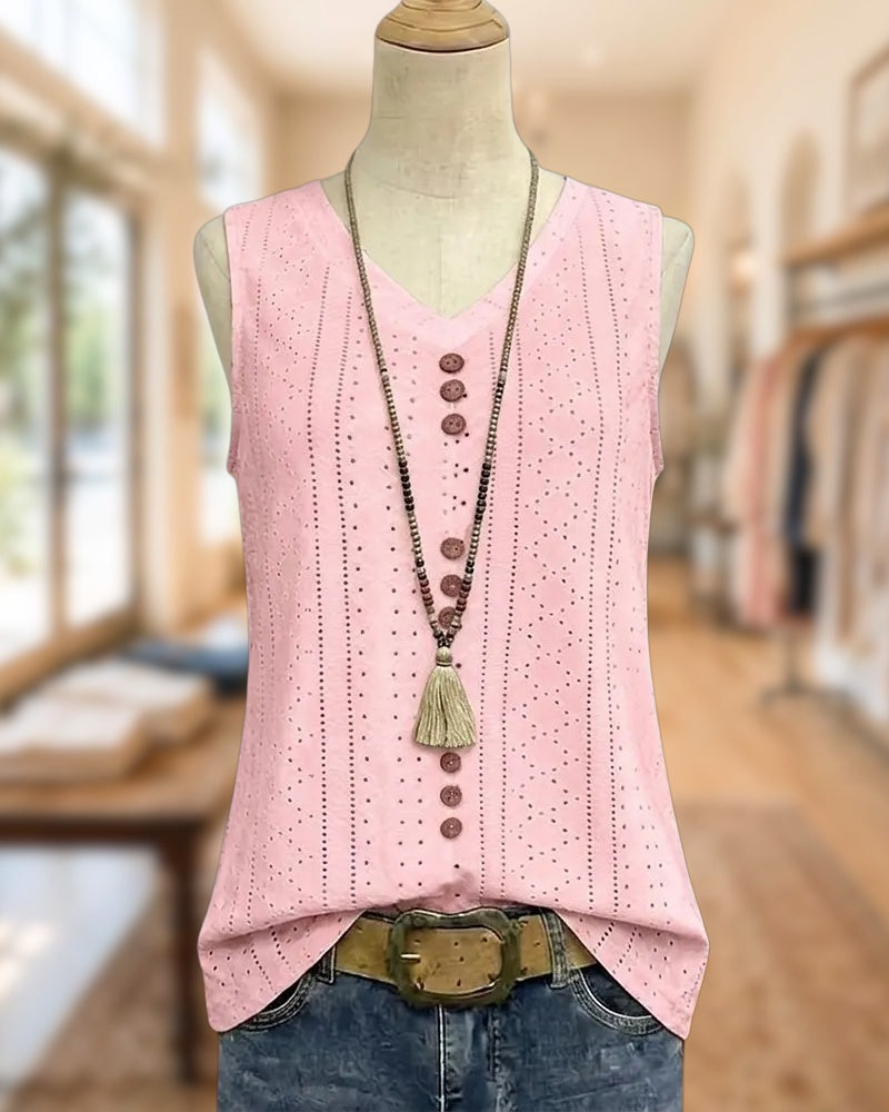 V Neck Eyelet Sleeveless Casual Solid Color Tank Top