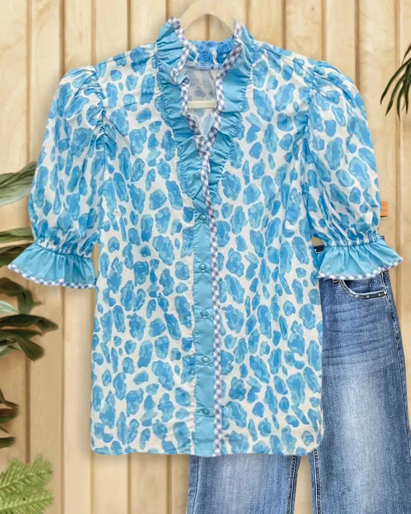 Leopard Print Elegant Button Up Ruffles Decor Blouse