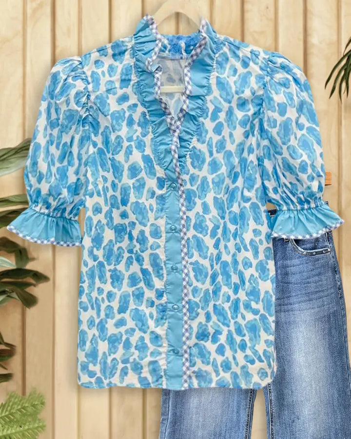 Leopard Print Elegant Button Up Ruffles Decor Blouse