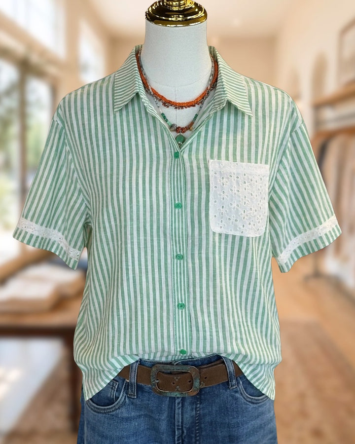 Striped Eyelet Pocket Lace Trim Button Down Casual Shirt