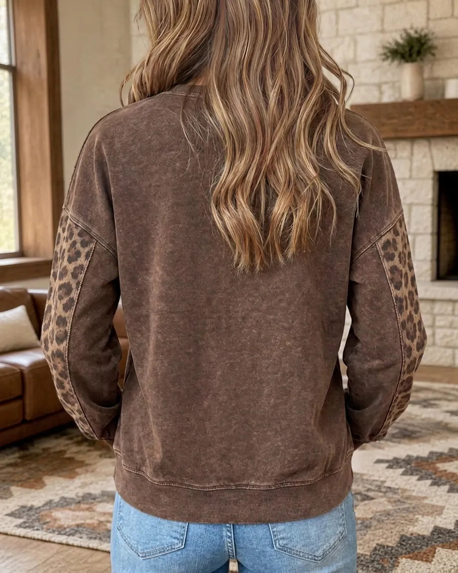 Leopard Cross Applique Crew Neck Long Sleeve Sweatshirt