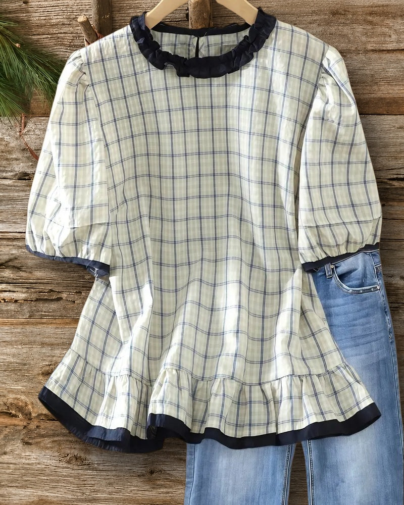 Plaid Smart Puff Sleeve Peplum Blouse
