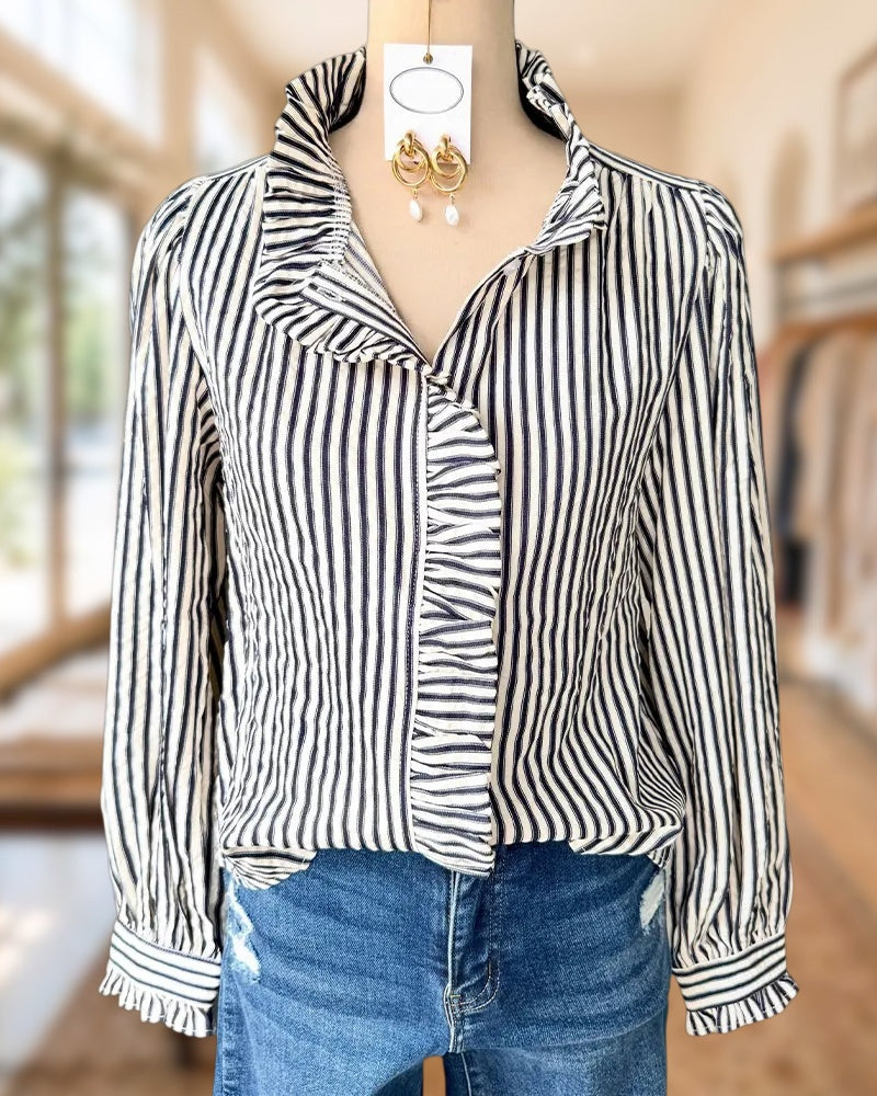Striped Feminine Ruffles Trim Blouse