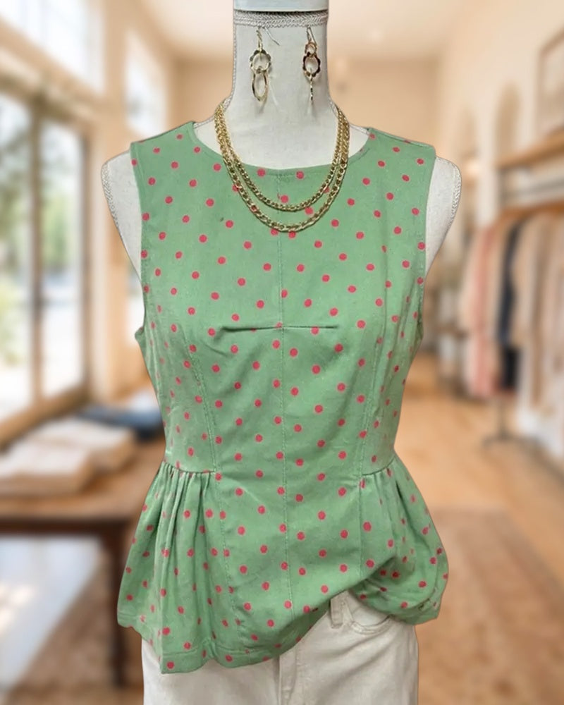 Polka Dot Sleeveless Round Neck Peplum Hem Casual Tank Top