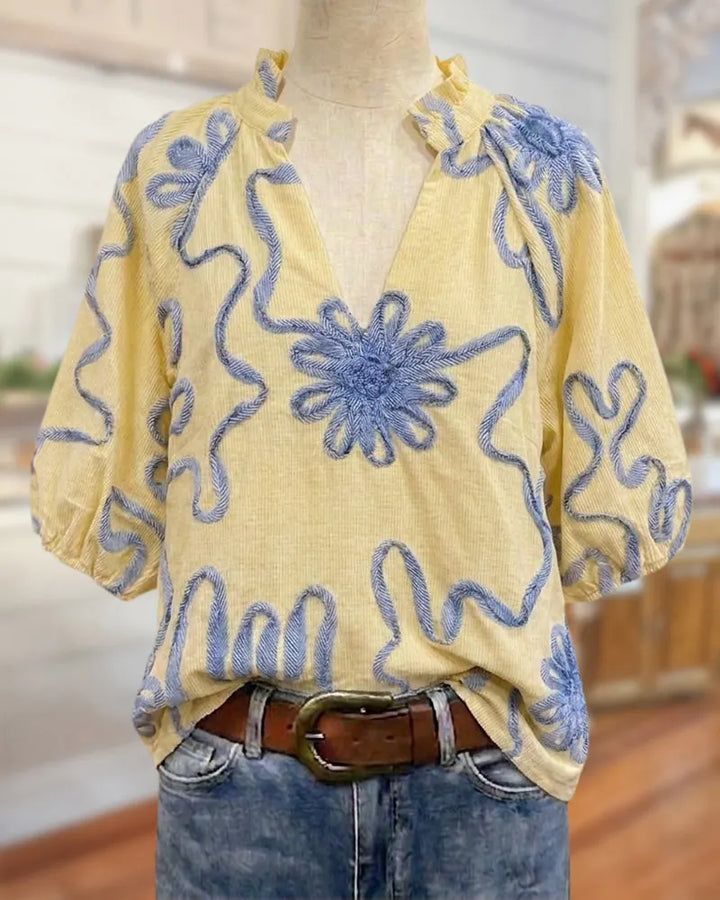 Embroidered Puff Sleeve V Neck Loose Ruffled Collar Casual Blouse