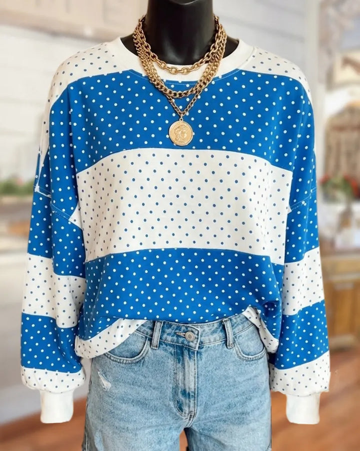 Polka Dot Color Block Crew Neck Long Sleeve Dropped Shoulder Sweatshirt
