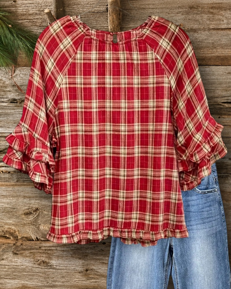 Ruffled Sleeve Gathered Neck Plaid Loose Flowy Casual Blouse