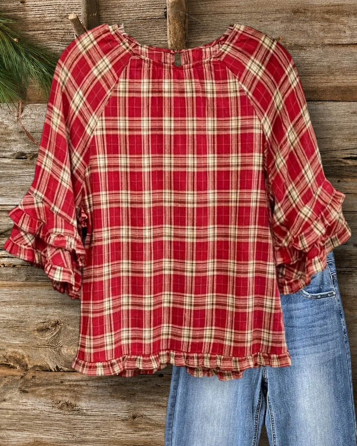 Ruffled Sleeve Gathered Neck Plaid Loose Flowy Casual Blouse