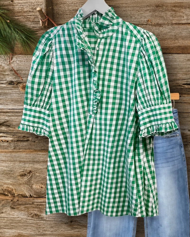 Grid Smart Ruffles Trim Puff Sleeve Blouse