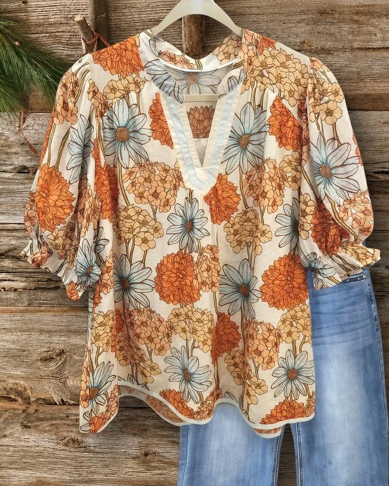 Floral Print Stylish Puff Sleeve V Neck Blouse