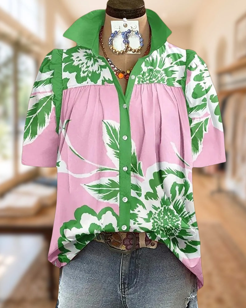 Floral Print Ruffled Shoulder Urban Button Up Shirt