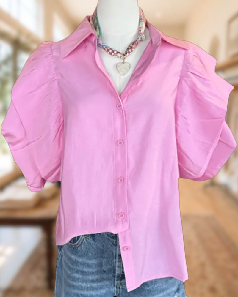 Collared Button Front Puff Sleeve Solid Color Daily Blouse