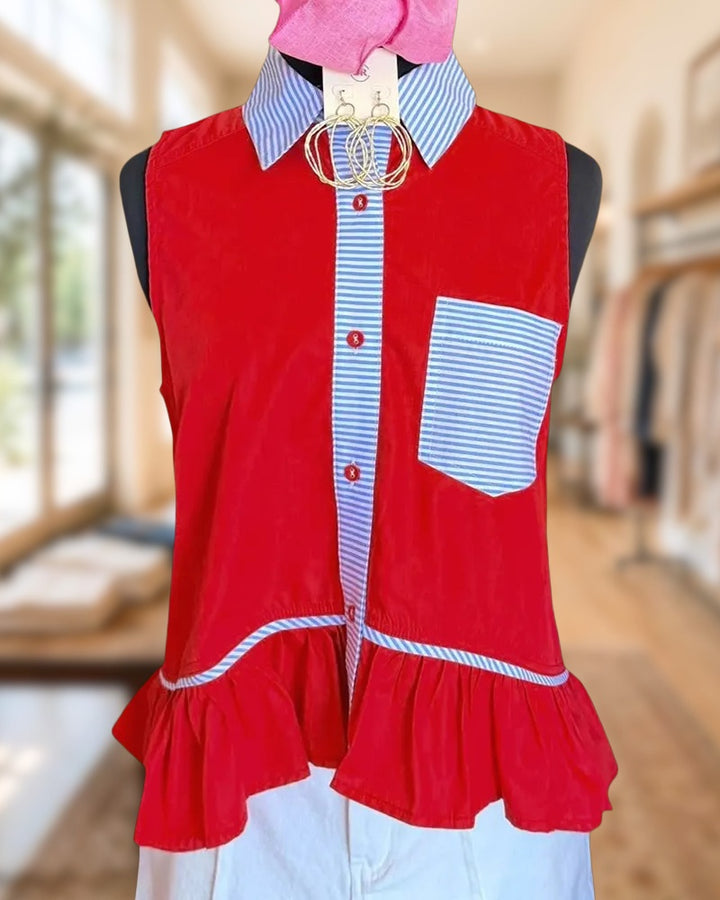 Collared Sleeveless Button Front Peplum Blouse With Striped Accents
