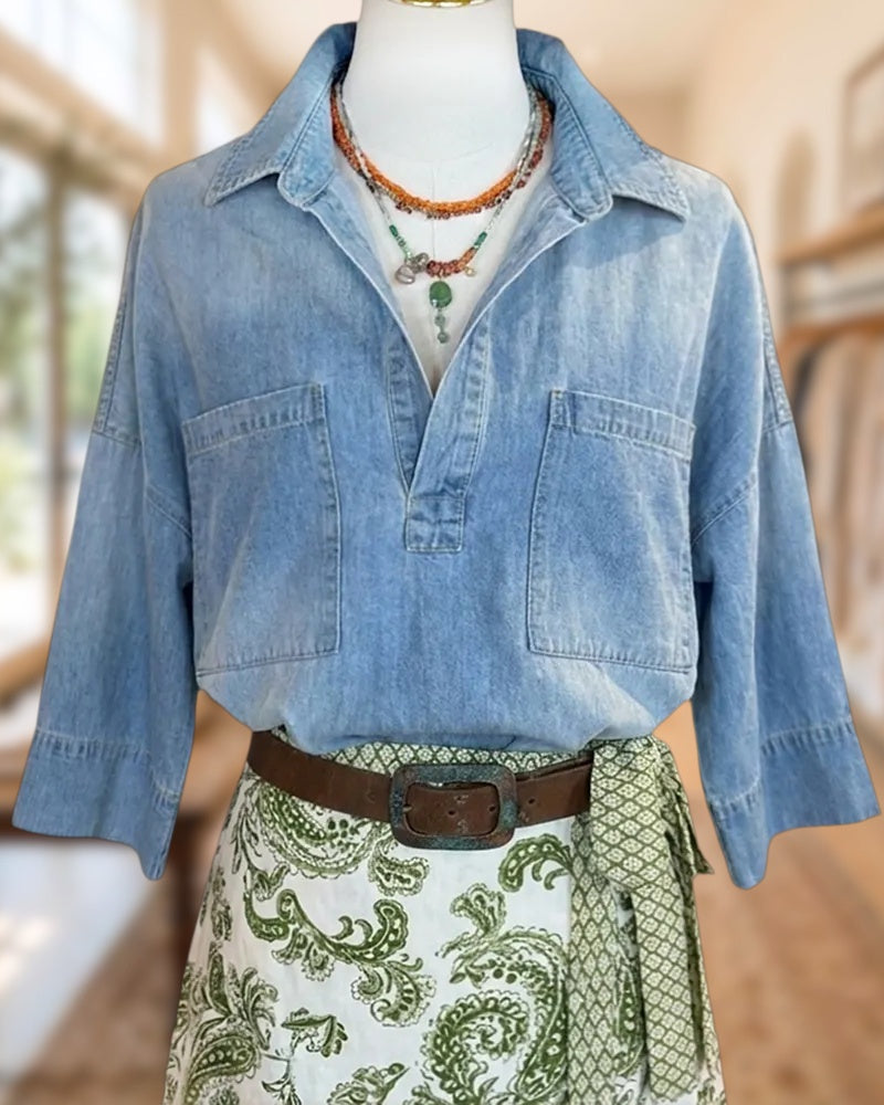 3/4 Sleeve Collared V Placket Denim Shirt with Pockets
