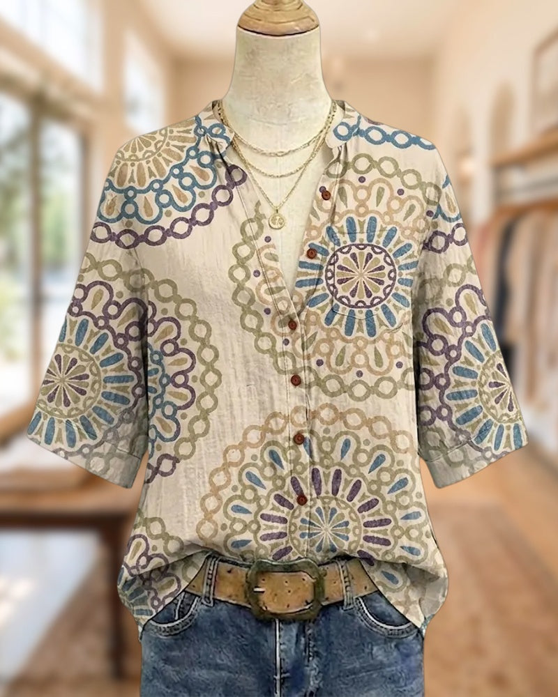 Boho Mandala Print Button Front 3/4 Sleeve Casual Shirt