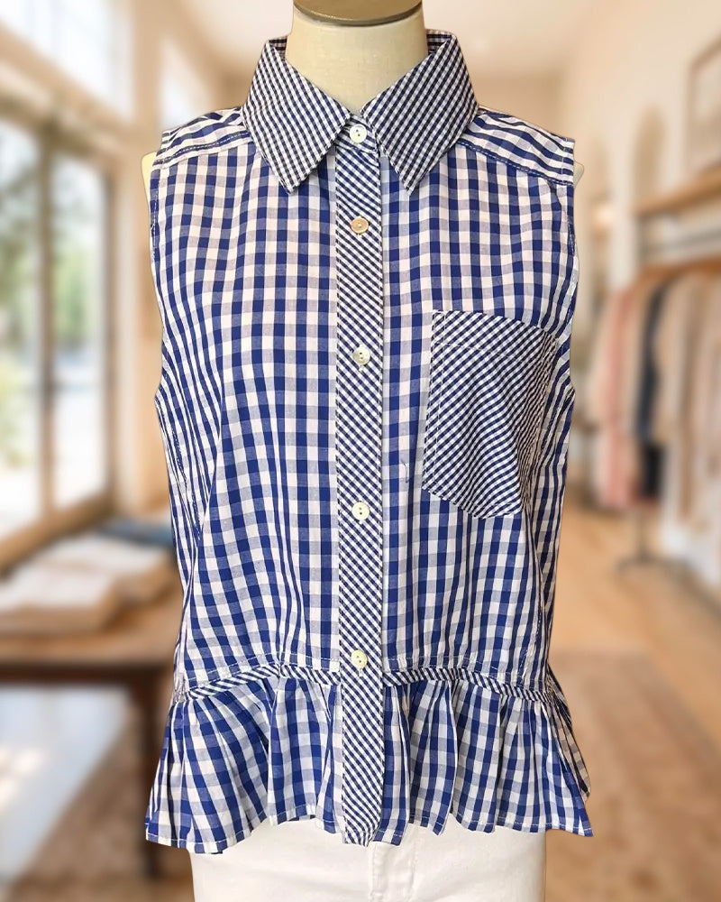 Collared Sleeveless Button Front Casual Peplum Hem Plaid Blouse