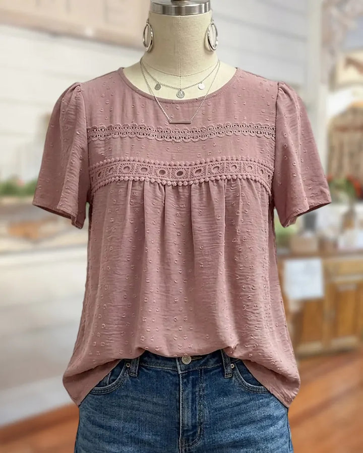 Lace Trim Swiss Dot Short Sleeve Ruched Bust Casual Blouse