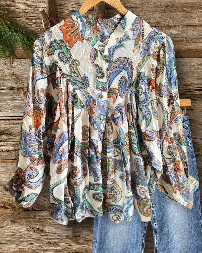 Paisley Print Feminine Button Down Blouse