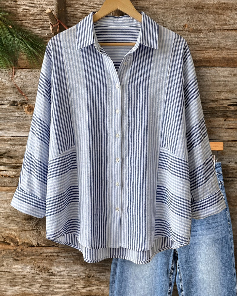Striped Patchwork Button Front Long Sleeve Loose Casual Shirt