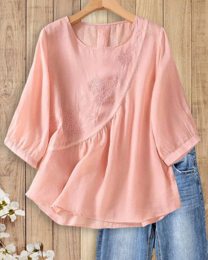 O Neck Embroidered Gathered 3/4 Sleeve Loose Casual Blouse