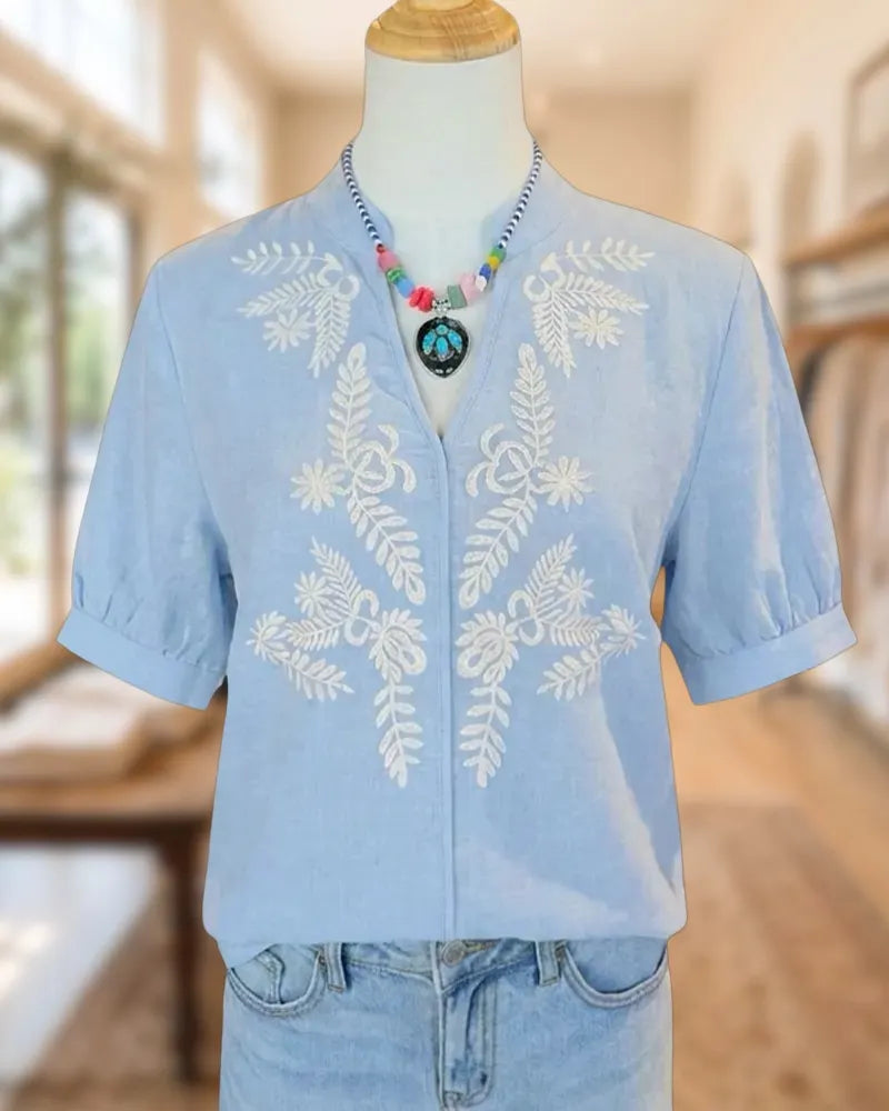 Embroidered V Neck Short Sleeve Relaxed Casual Daily Blouse