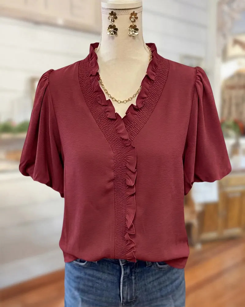 Smocked Ruffle Trim V Neck Puff Sleeve Elegant Blouse