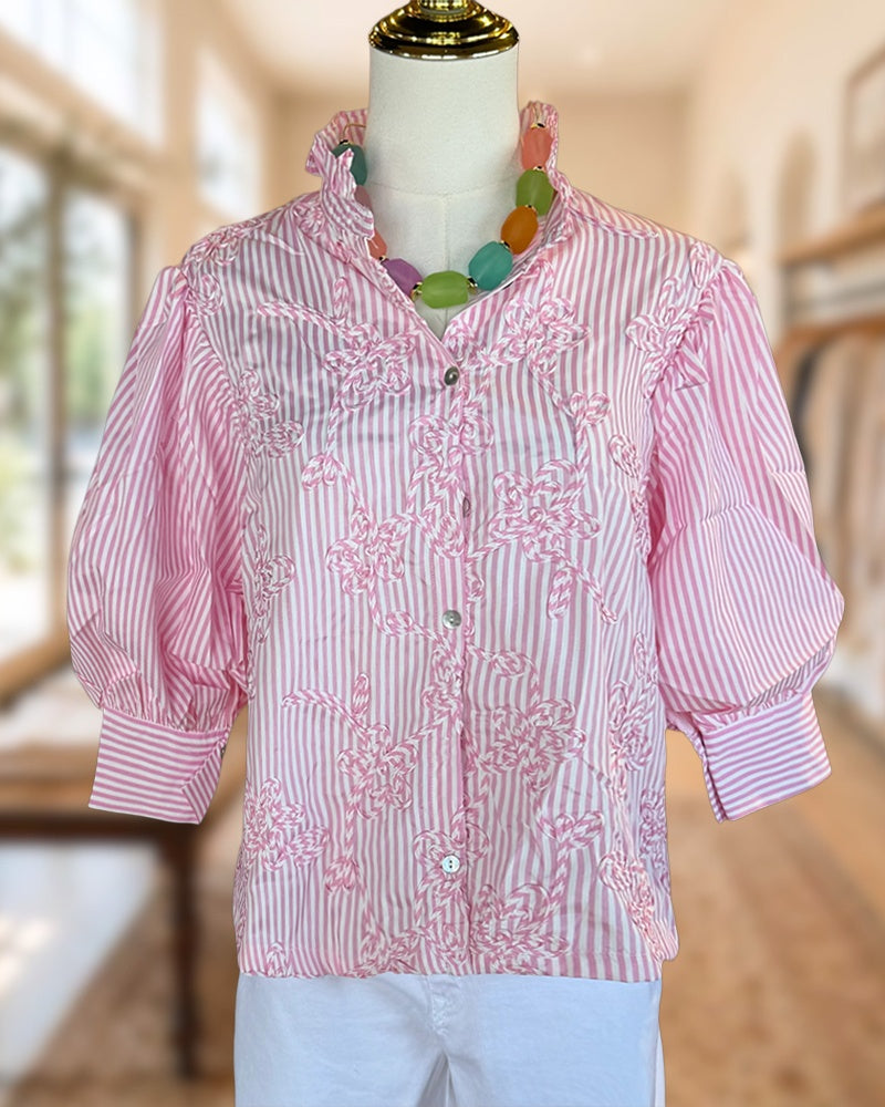 Striped Embroidered Puff Sleeve Ruffle Collar Button Down Blouse