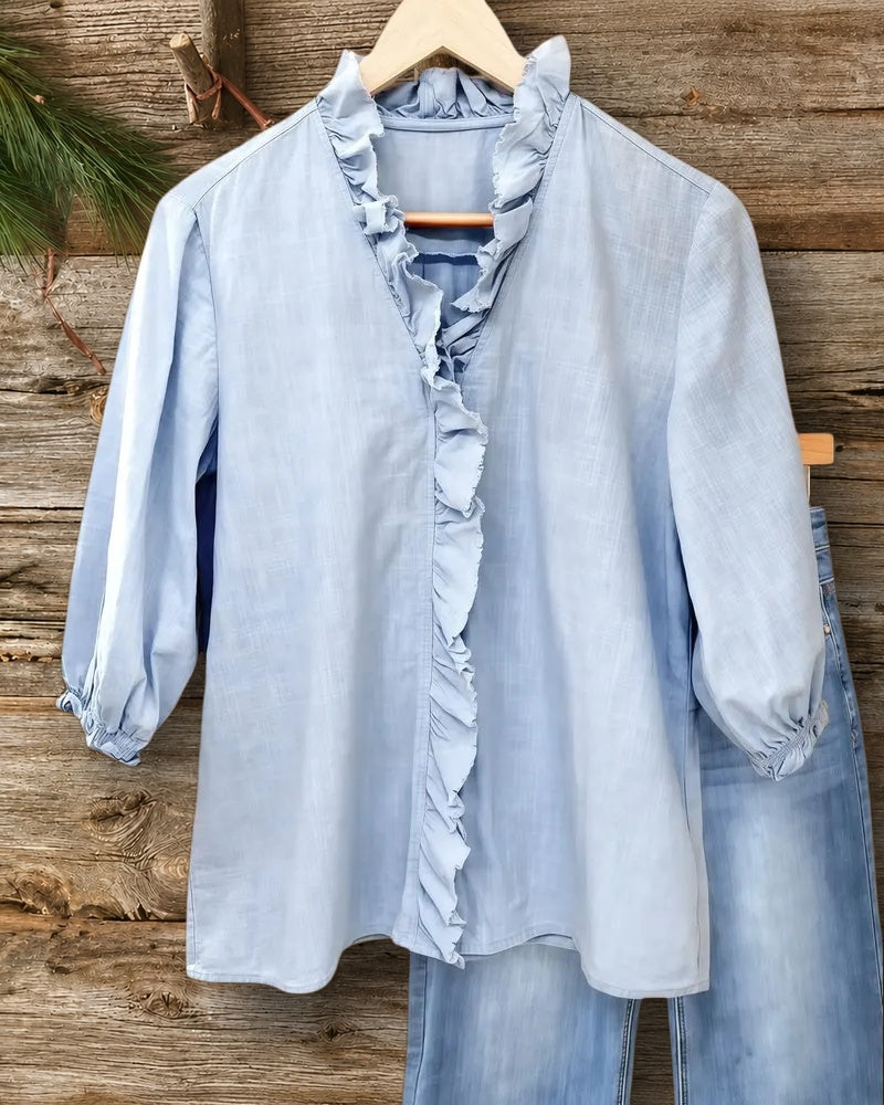 Solid Color Ruffles Trim V Neck Hidden Button Versatile Blouse