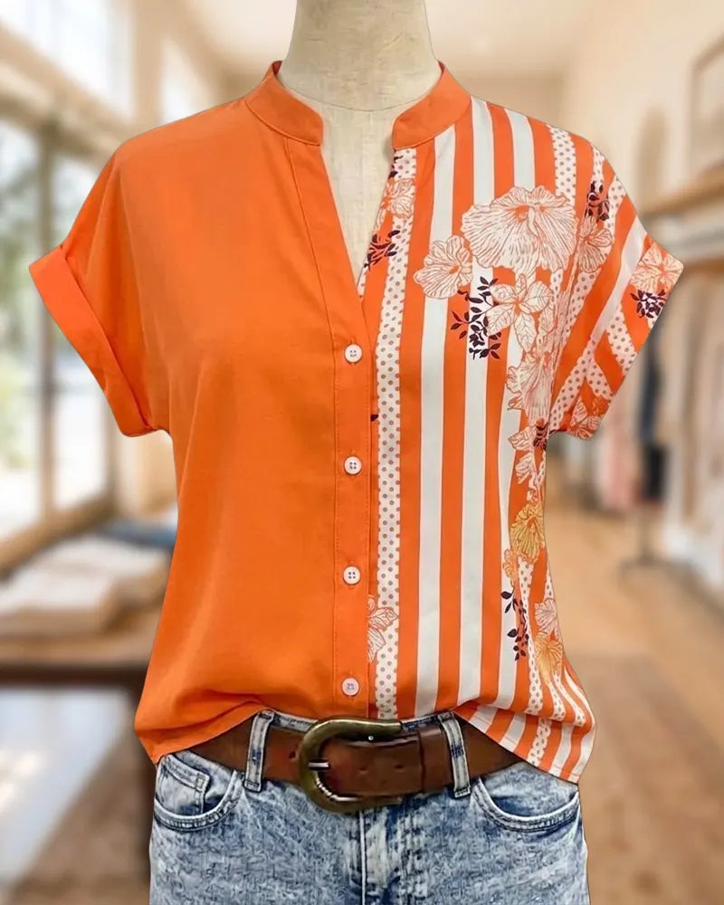 Mandarin Collar Button Front Mixed Print Short Sleeve Blouse