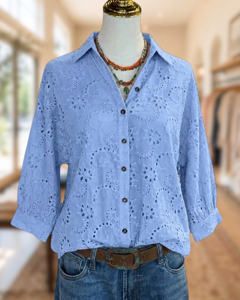 Collared Button Front Eyelet Embroidered 3/4 Sleeve Blouse