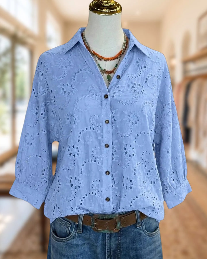 Collared Button Front Eyelet Embroidered 3/4 Sleeve Blouse