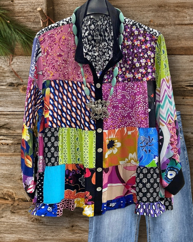 Mixed Patchwork Pastoral Drawstring Design Button Up Shirt