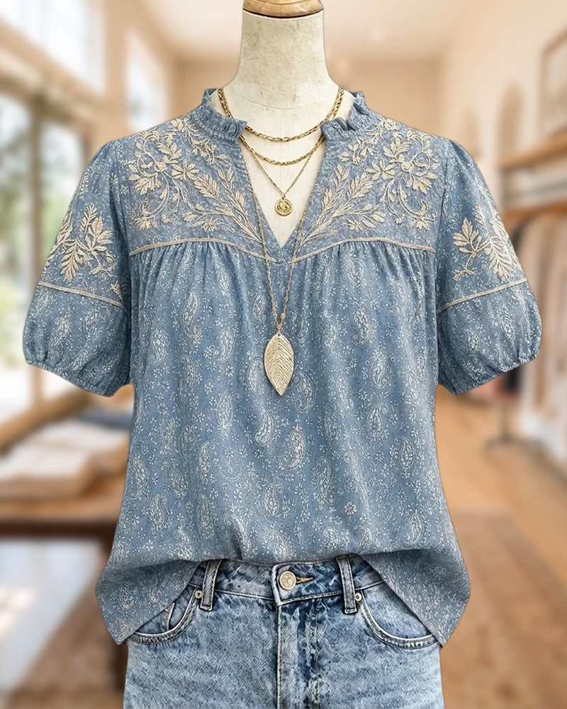 Floral Embroidered V Neck Puff Sleeve Paisley Print Blouse