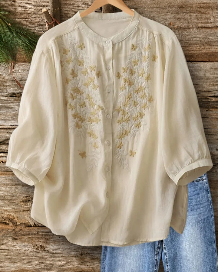 Mandarin Collar Embroidered Button Front 3/4 Sleeve Loose Blouse