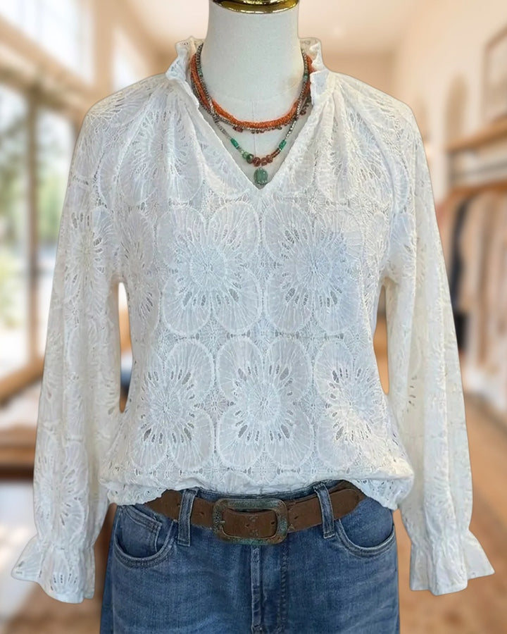 Lace Cutout Ruffle Trim V Neck Long Sleeve Blouse