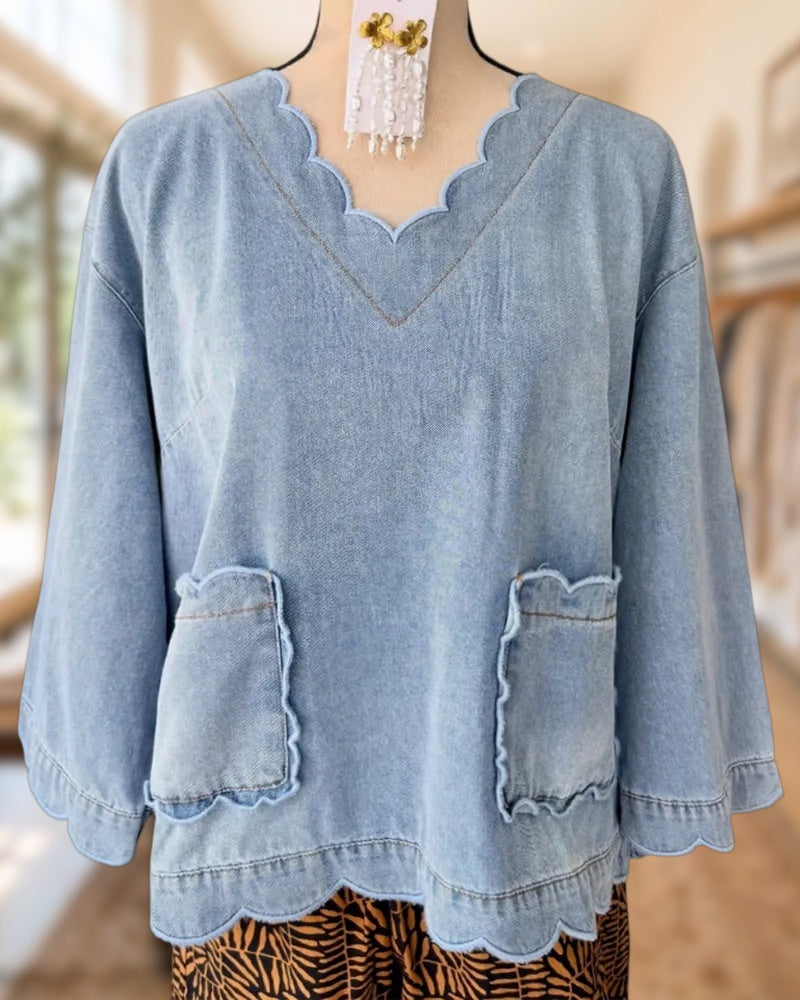 Scalloped Trim V Neck Denim Blouse With Front Pockets