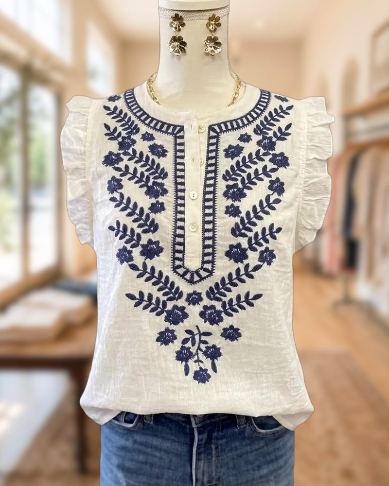 Floral Embroidered Ruffle Sleeve Round Neck Casual Blouse