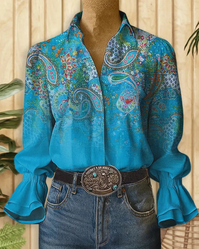 Floral Print Rocking Trumpet Sleeve Button Up Shirt