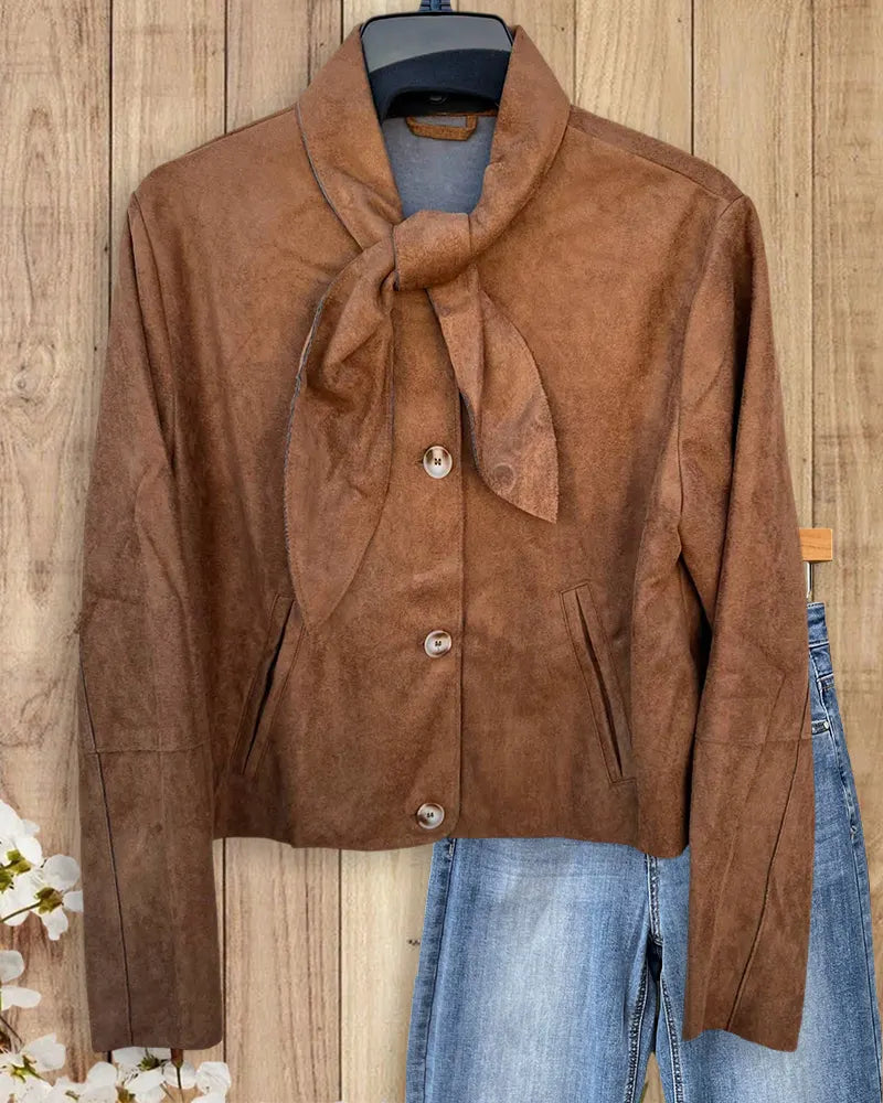 Tie Neck Long Sleeve Button Front Solid Color Cropped Jacket