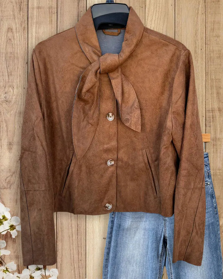 Tie Neck Long Sleeve Button Front Solid Color Cropped Jacket