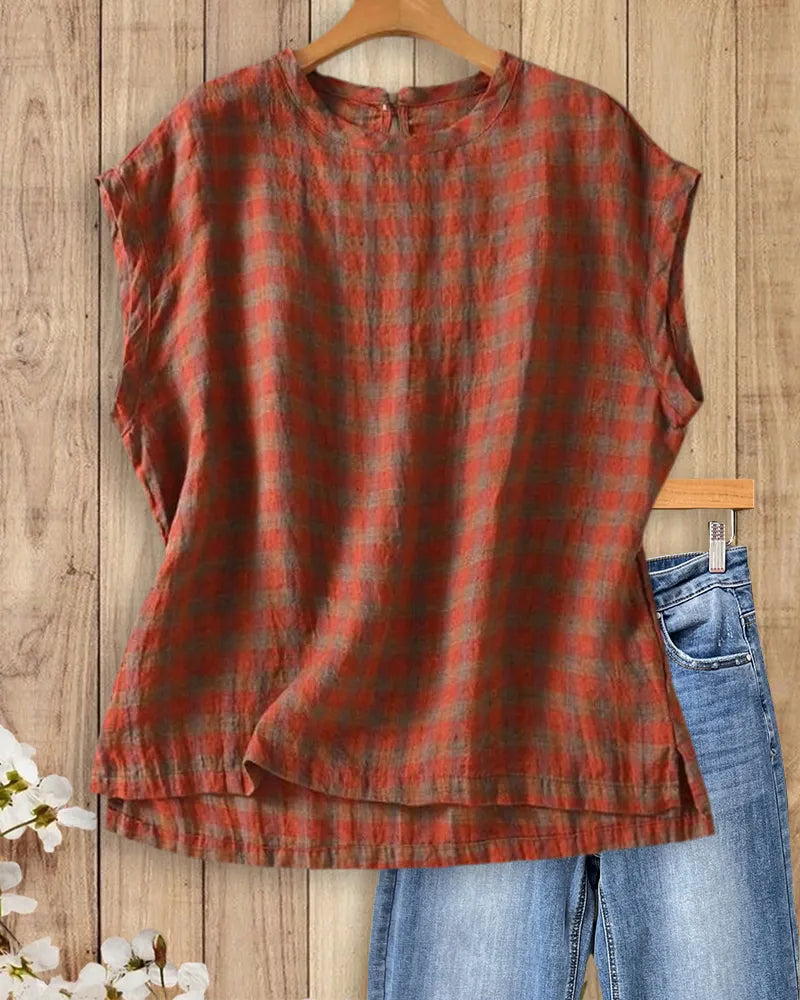 Cap Sleeve Plaid Round Neck Keyhole Back Loose Blouse